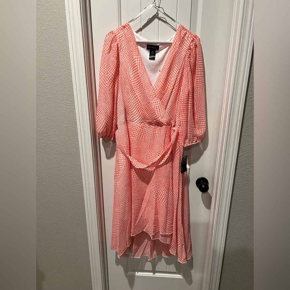 Coral Orange Pink hues Asymmetrical High-Low Wrap Dress